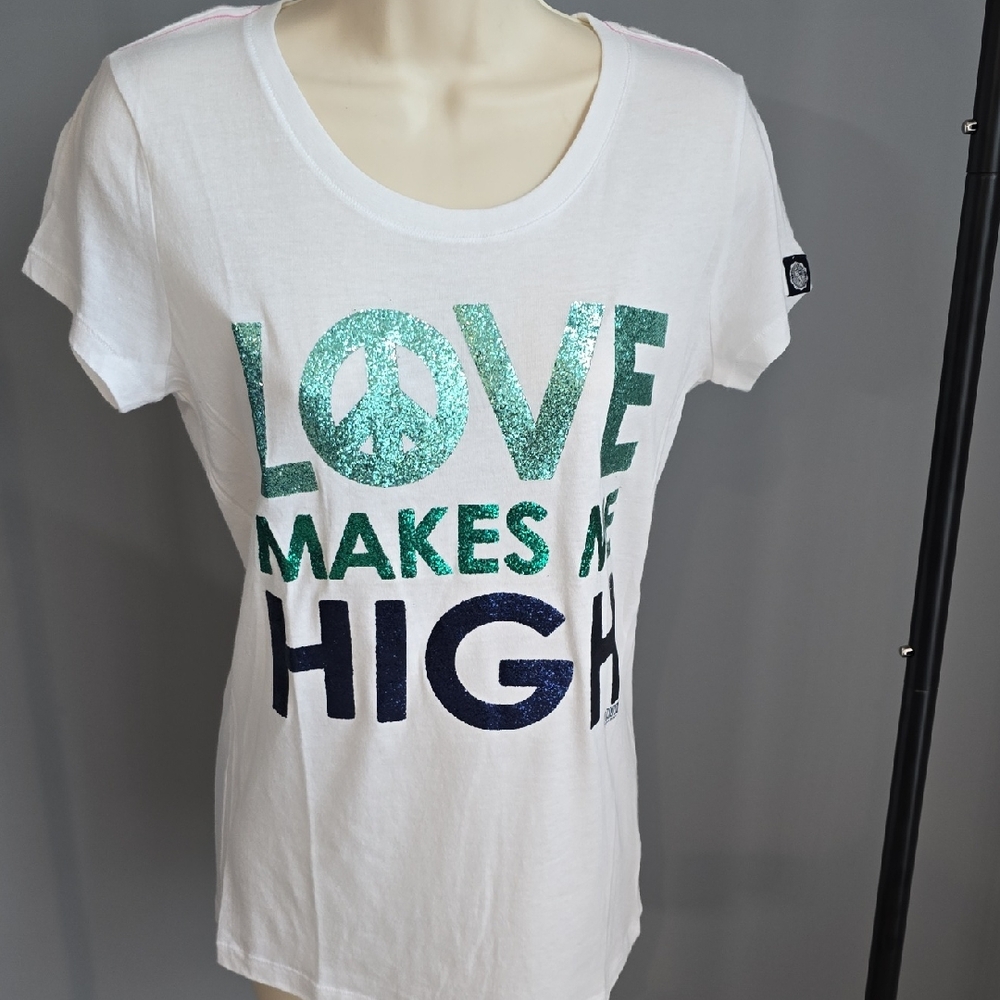 PINK Victoria's Secret White Tee with Green & Blue Glittery Graphic Y2K LARGE